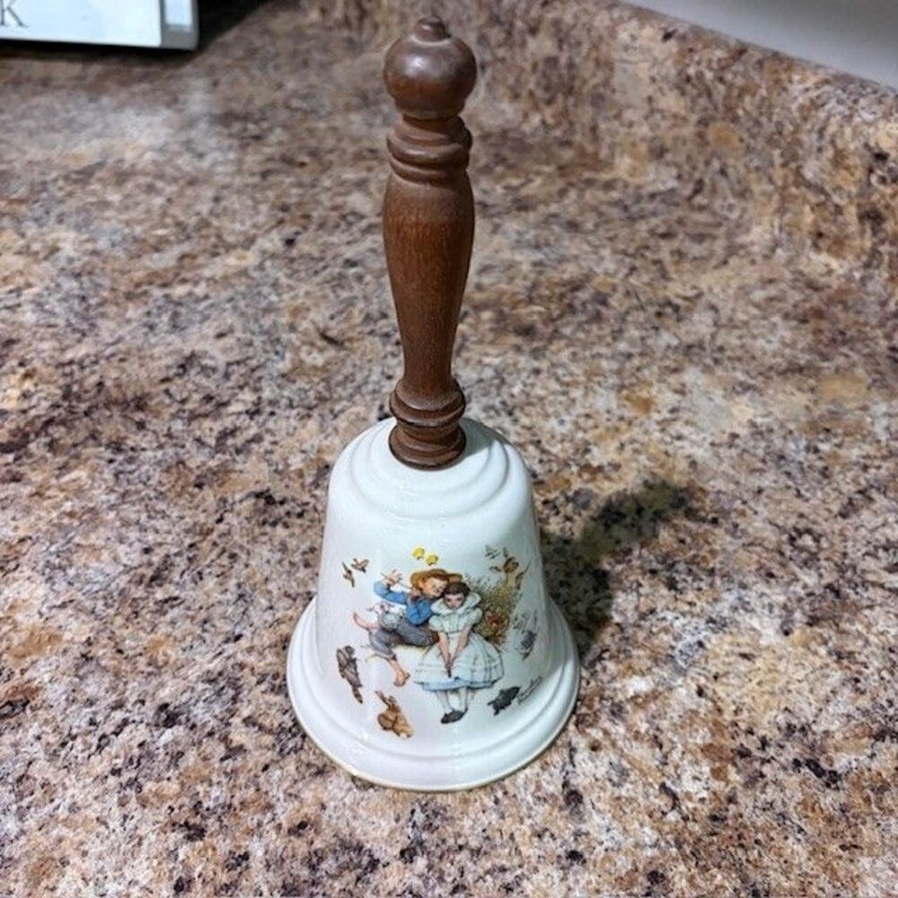 Gorham Norman Rockwell Love's Harmony Bell 1975 Fine China Wood Handle 9"